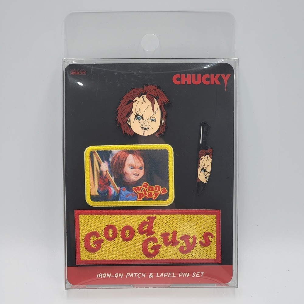 2023 Spirit Halloween Chucky Iron-On Patch & Enamel‎ Lapel Pin Set of 4